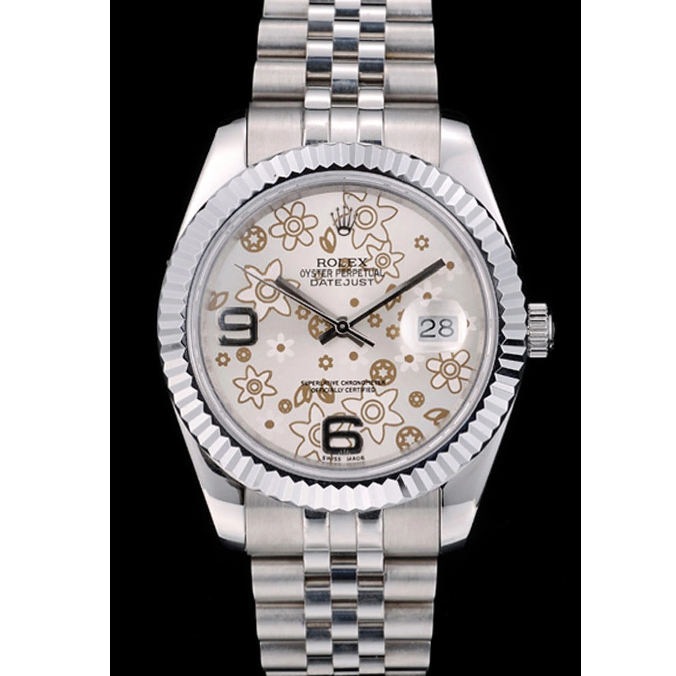 Aaa replica watch Silver DateJust Flower Dial Rolex Steel Stainless Bezel 41983 Ribbed 0729